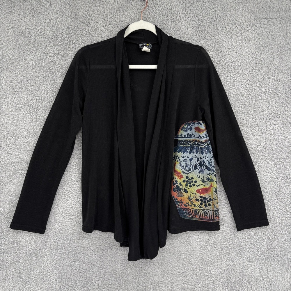 Citron Japanese Ginger Jar Koi Print Cotton Cardigan Size M Black Open Front Art